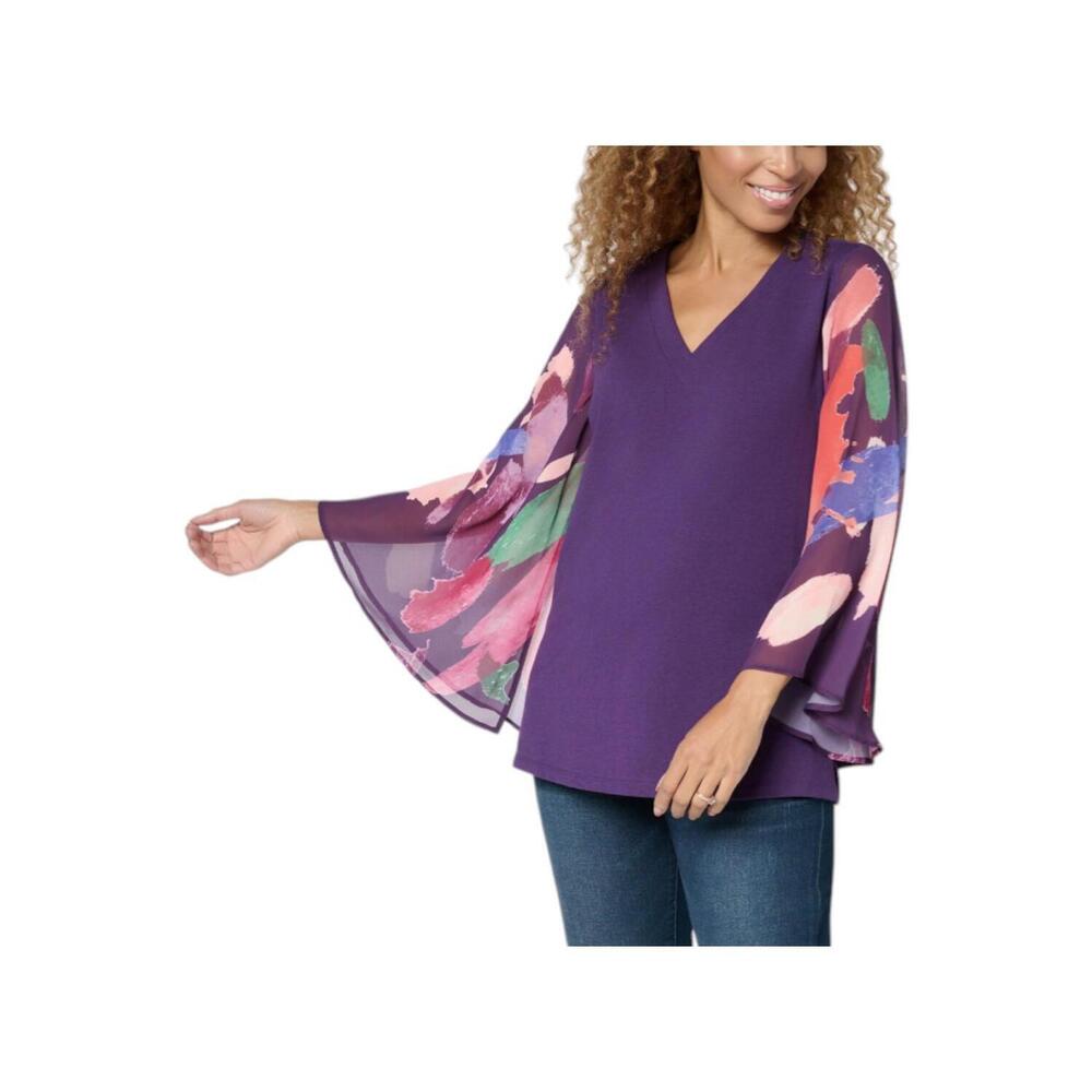 Brandis Women's Autumn Abstract Breezey Slv V-Neck Top Blackberry Wine - Regular